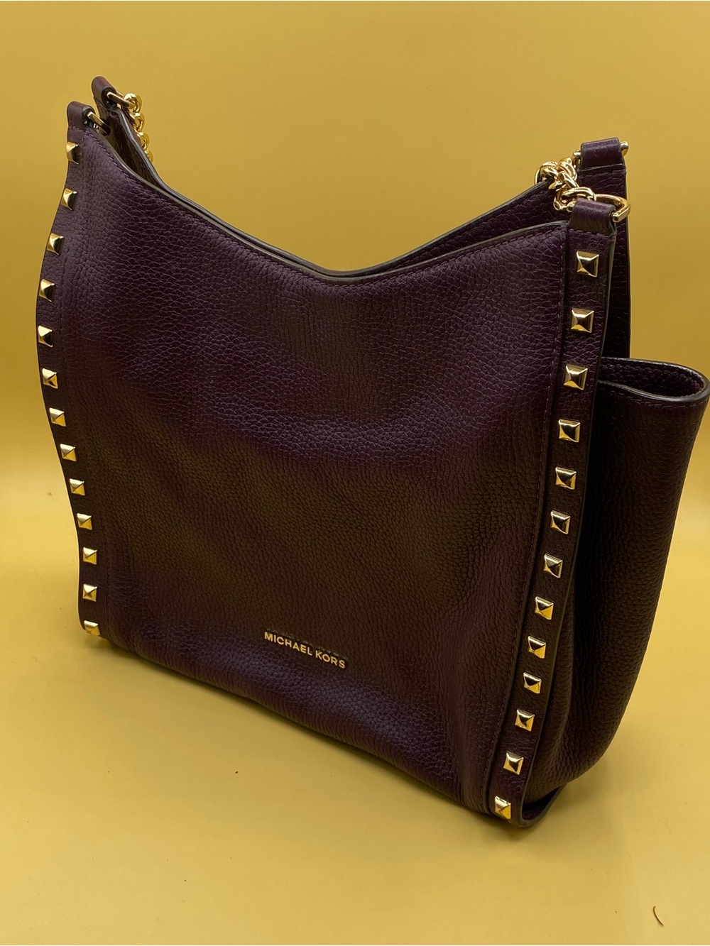 Michael Kors Plum Leather Studded Hobo Shoulder Bag with Gold Hardware - Picture 2 of 4